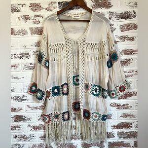 Listicle Boho Cardigan Crochet Fringe Embroidered Gypsie Hippie Bohemian Kimono